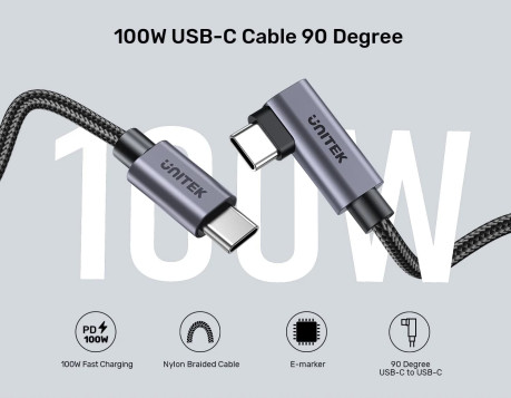 UNITEK TYPE-C HIZLI ŞARJ KABLOSU 90 DERECE 2 METRE 100W (C14123BK-2M)